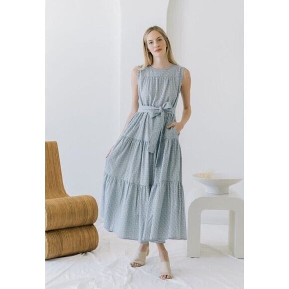 LAUDE THE LABEL TIERED MAXI DRESS - COASTAL FOG Medium Floral Cotton - Picture 1 of 16
